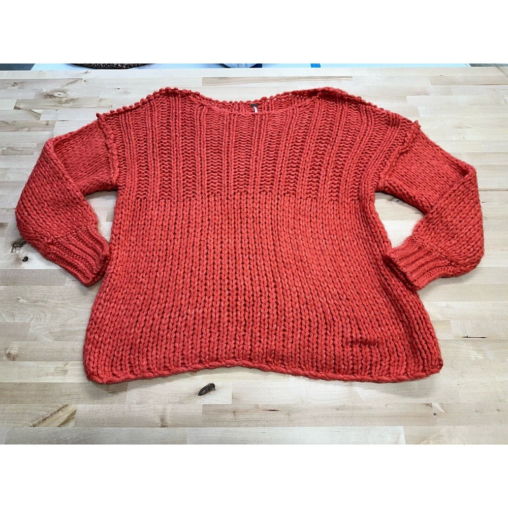 Free People Orange Open Cable Knit Chunky Pullover Oversize Sweater Size M